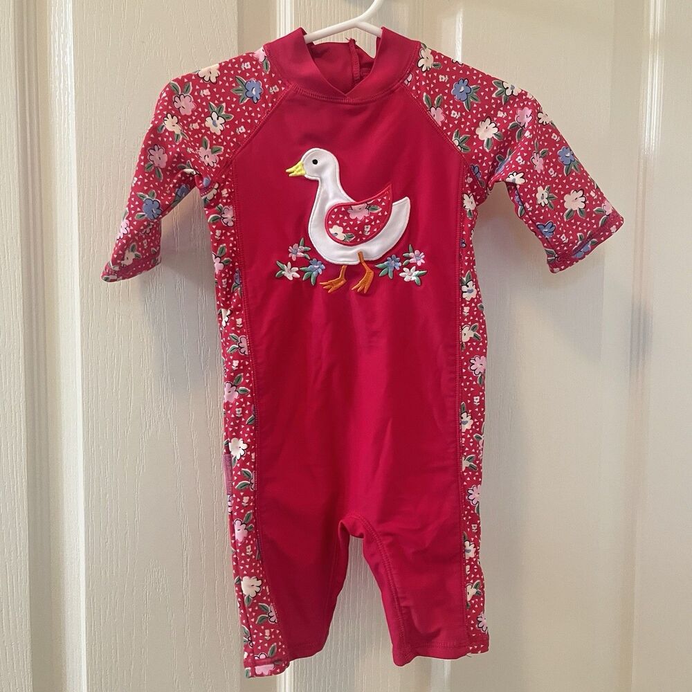 JoJo Maman Bebe Pink Floral Ditsy Duck Rashguard Swimsuit Girls Size 6-12 Months